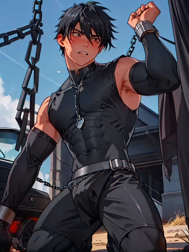  realistic skin　Being thin　Black Hair　naked　 realistic skin　 raising arms　Bound in chains　 it's opening its mouth　cliff　Long bangs　 skin is visible here and there　 sleepy expression 　Blushing　Cross-eyed　Sleeveless boy　being bound by chains　Chains wrapped around the body　Boy putting pressure on his thighs　boy in a tight black rubber suit　Kneeling　Black boots