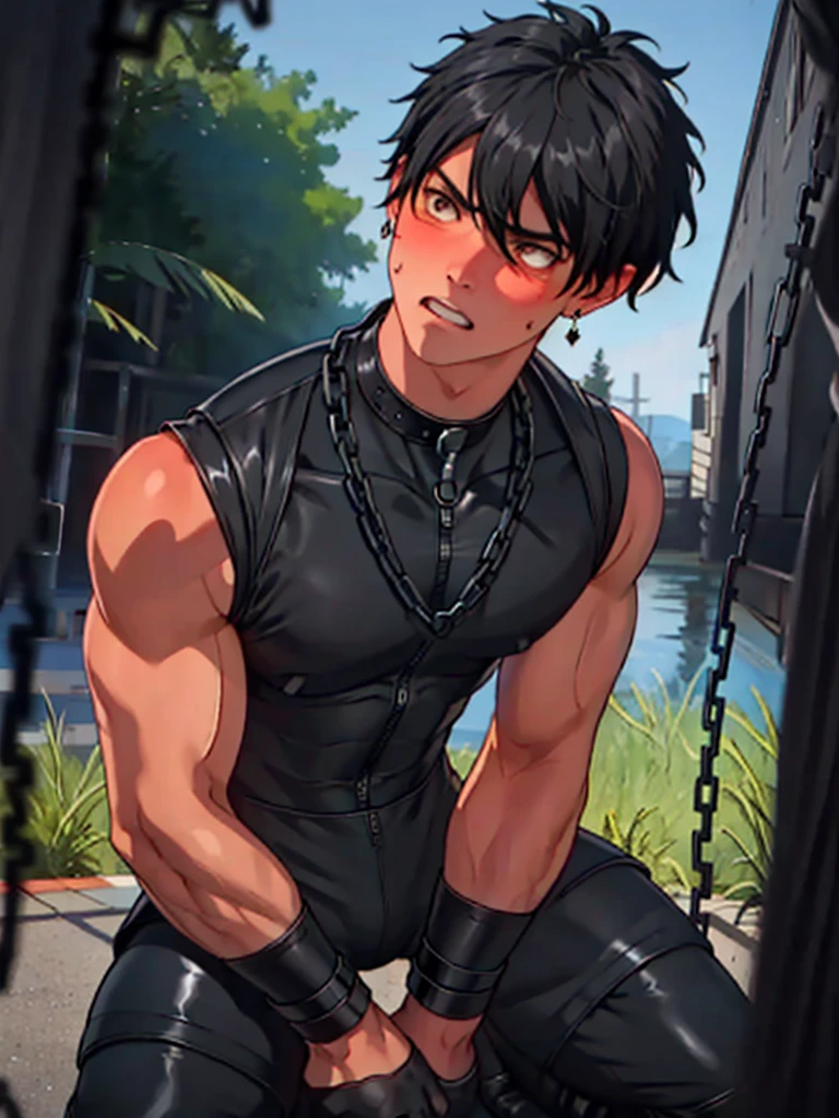  realistic skin　Being thin　Black Hair　naked　 realistic skin　 raising arms　Bound in chains　 it's opening its mouth　cliff　Long bangs　 skin is visible here and there　 sleepy expression 　Blushing　Cross-eyed　Sleeveless boy　being bound by chains　Chains wrapped around the body　Boy putting pressure on his thighs　boy in a tight black rubber suit　Kneeling　Black boots