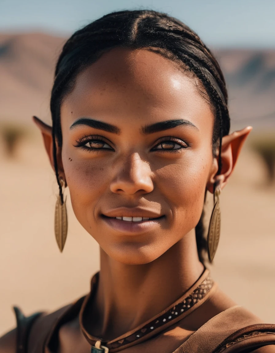 cinematic photo A closeup portait of  (( she live hidden in the desert)),  elf, elf ears, brown skin, an average face, (upper body view, looking at viewer), skinny, freckles, pointed ears, skin details, normal looking, strong, round face, happy, round face, muscles