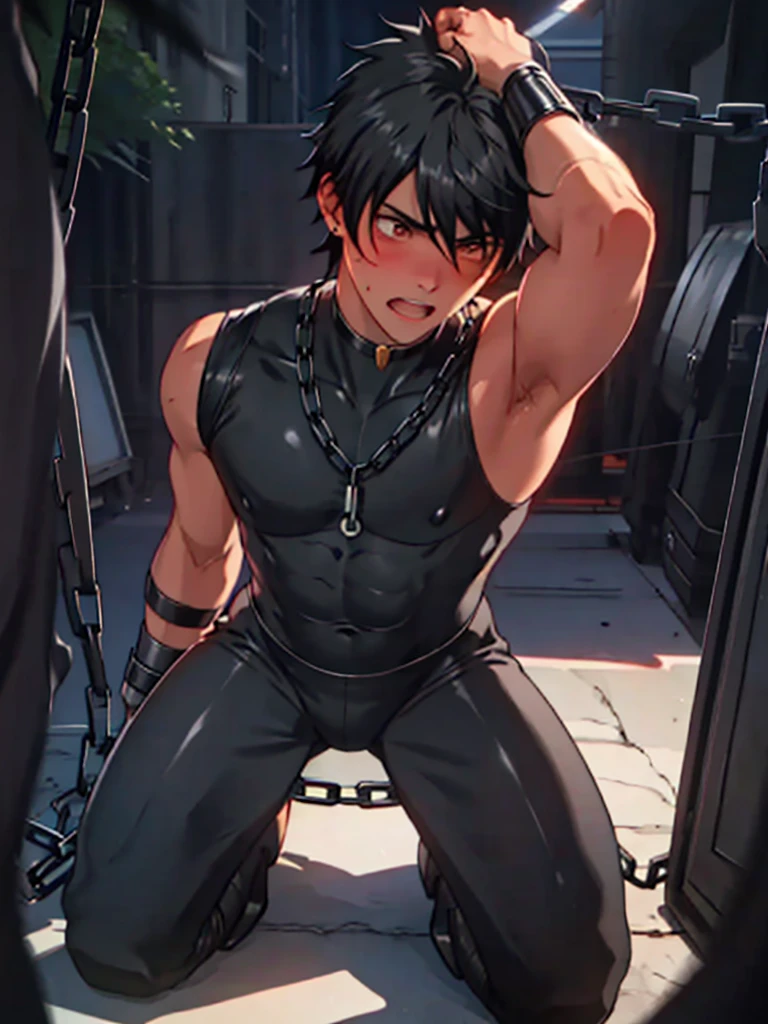  realistic skin　Being thin　Black Hair　naked　 realistic skin　 raising arms　Bound in chains　 it's opening its mouth　cliff　Long bangs　 skin is visible here and there　 sleepy expression 　Blushing　Cross-eyed　Sleeveless boy　being bound by chains　Chains wrapped around the body　Boy putting pressure on his thighs　boy in a tight black rubber suit　Kneeling　Black boots