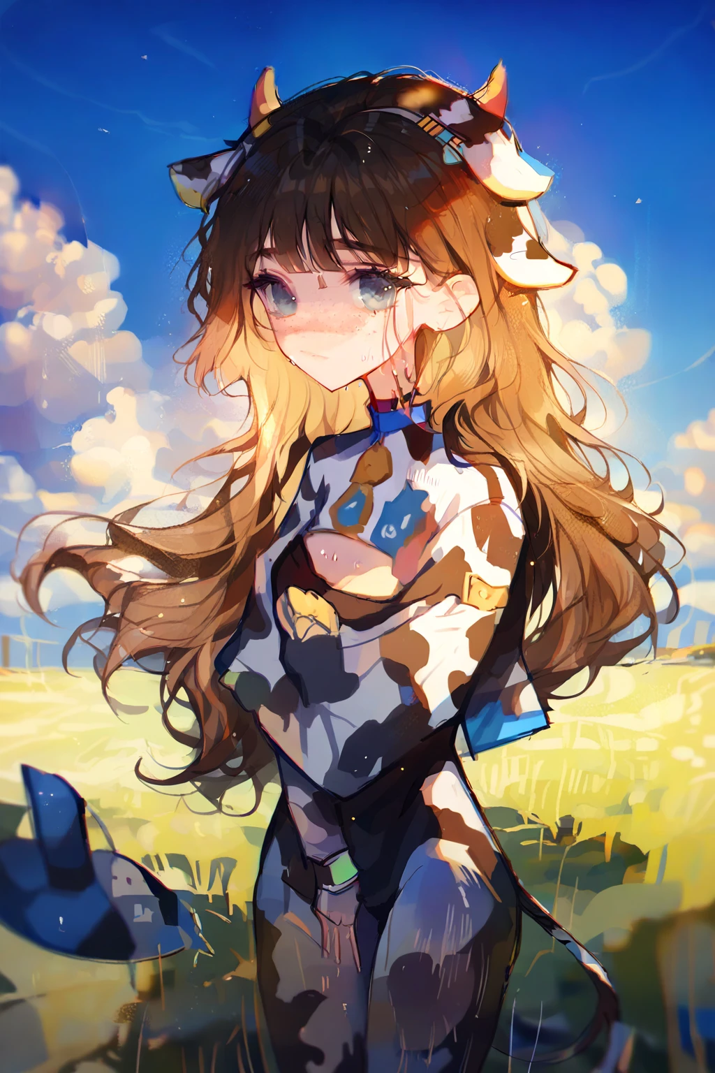 by ttosom, 1 girl, CuteStyle, blue eyes, brown hair, long hair with bangs, flowing hair, dressed in leotard, cow print, cow ears, cow tail, fingerless black gloves, neckline, medium chest, large hips, standing outside in the middle of a field, day, beautiful clouds, sweat on all over the body, specks of dust in the air, looking at the viewer, background color, detailed, beautiful, delicate tone