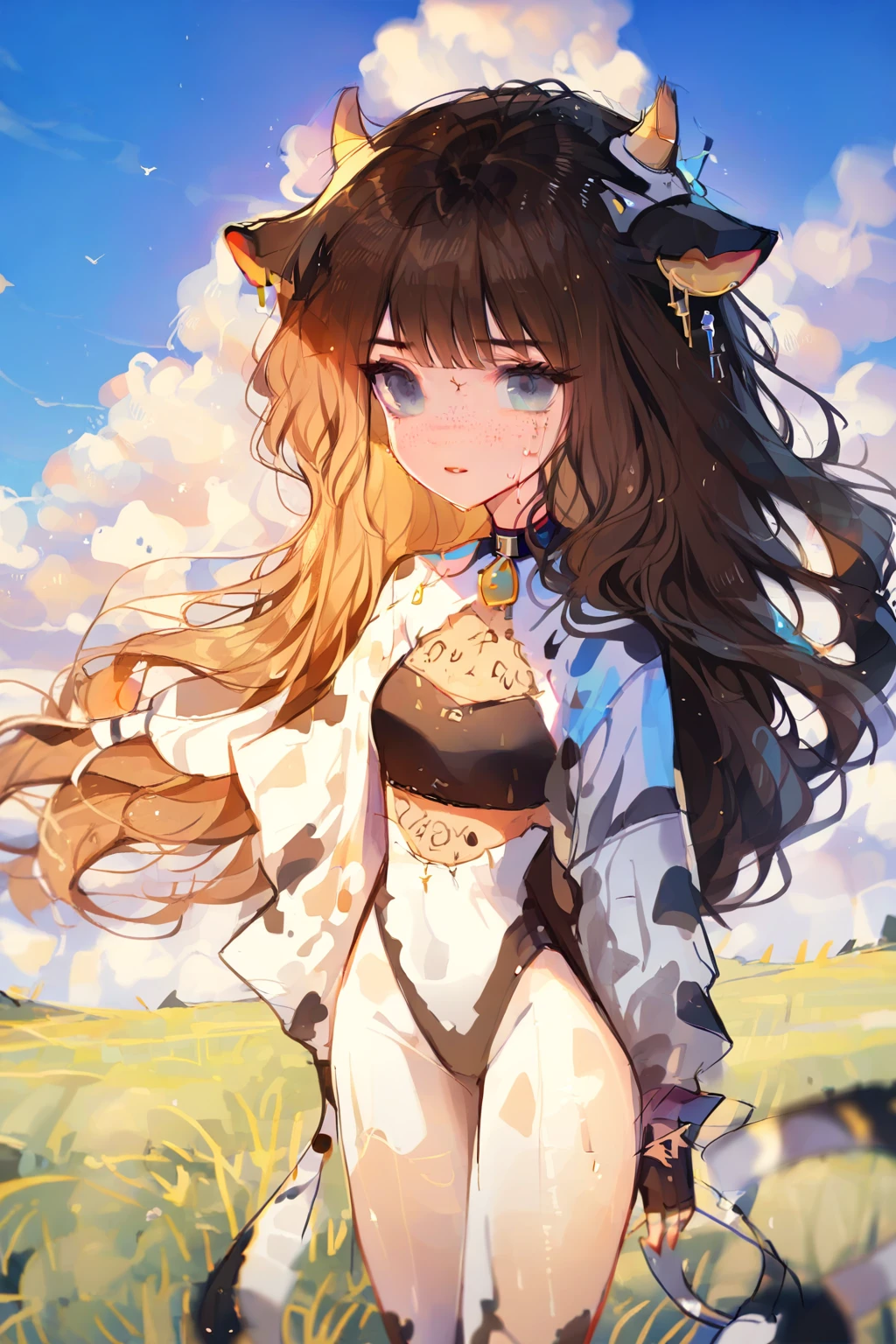 by ttosom, 1 girl, CuteStyle, blue eyes, brown hair, long hair with bangs, flowing hair, dressed in leotard, cow print, cow ears, cow tail, fingerless black gloves, neckline, medium chest, large hips, standing outside in the middle of a field, day, beautiful clouds, sweat on all over the body, specks of dust in the air, looking at the viewer, background color, detailed, beautiful, delicate tone