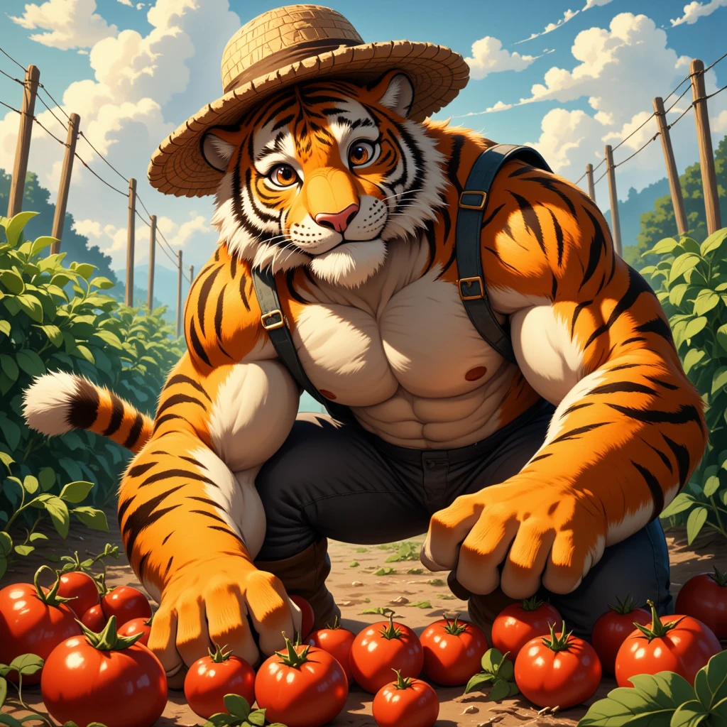 character focus, full body, looking away, from above, farmer, a muscular middle-aged tiger man, happy little smile, working clothes, straw hat, pants, tomato, harvesting vegetables, dynamic pose, BREAK complete anatomy, perfect proportions, beautiful thigh gap, fluffy body, intricate fur details, beautiful fur texture, BREAK (a detailed tiger 1tail), detailed boots, detailed foot, detailed hands, 5fingers, 5fingers nails, BREAK aesthetic anime face, insanity detailed face, male face, big face, square jawline, aesthetic anime eyes, detailed brown eyes, detailed brown cornea, detailed dark brown irises, detailed pupils, male eyes, big eyes, male eyebrows, innocent look, beautiful beard, BREAK full body in Michelangelo Buonarroti style, digital illustration anime, housamo style, detailed painting landscape, happy, morning, tomato farm, outdoor, full color, HDR, BREAK masterpiece, official art, best quality, very aesthetic, absurdres, super fine illustration, great quality, BREAK noise reduction, very highres, large filesize, high quality, 32K, 8k wallpaper, dynamic lighting, BREAK insanity detailed, ultra detailed, intricate details, extremely detailed, detailed texture, an extremely delicate and beautiful, BREAK osukemo, e621 illustration, kemohomo, anthropomorphic, furry, cartoon, harmonious body, pastoral face, virtuous eyes, harvesting atmosphere