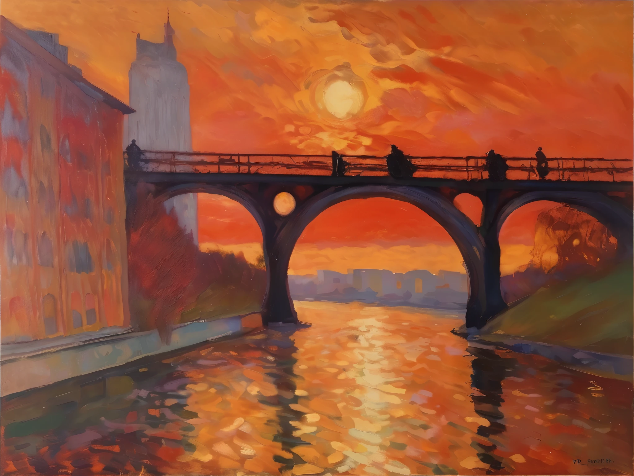 Pierre Bonnard Style - pierre bonnard painting, (low angle view:1.2),a train over a bridge, city sunset shadows and light,tall buildings , red sky, poster art, brutalism  Oil Painting in the style of  Pierre Bonnard 