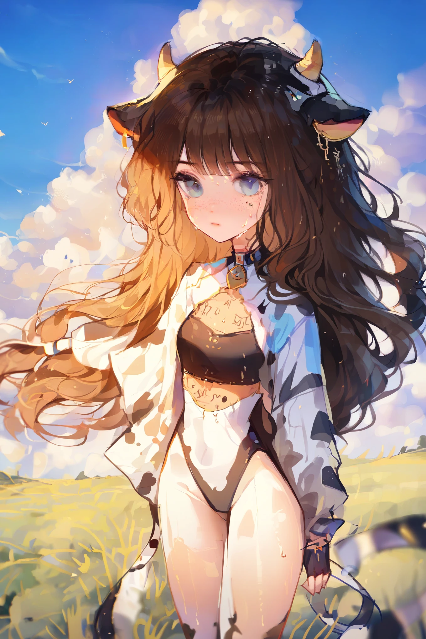 by ttosom, 1 girl, CuteStyle, blue eyes, brown hair, long hair with bangs, flowing hair, dressed in leotard, cow print, cow ears, cow tail, fingerless black gloves, neckline, medium chest, large hips, standing outside in the middle of a field, day, beautiful clouds, sweat on all over the body, specks of dust in the air, looking at the viewer, background color, detailed, beautiful, delicate tone