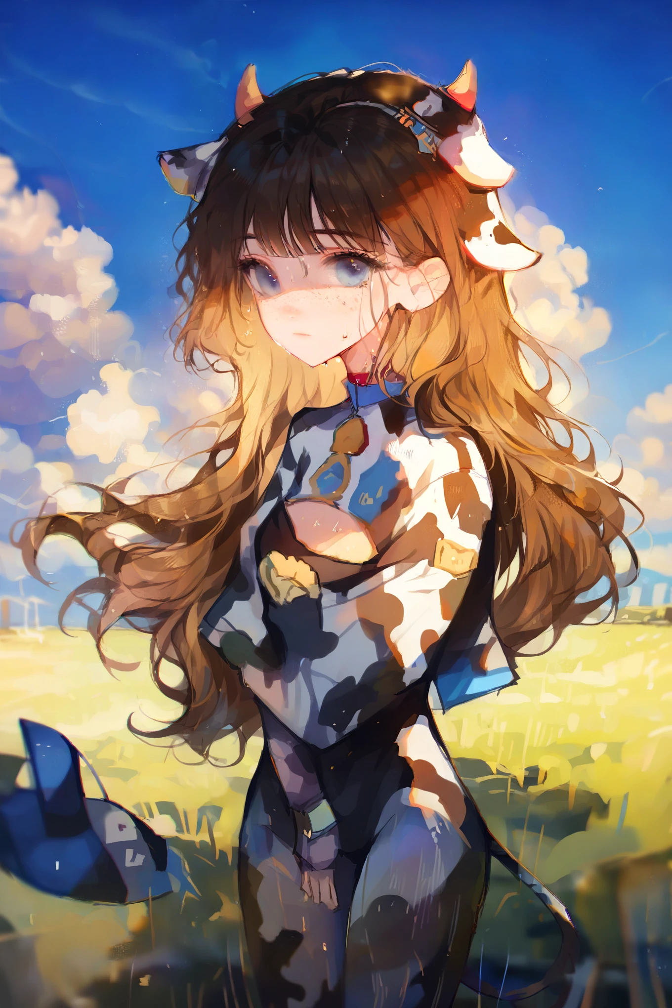 by ttosom, 1 girl, CuteStyle, blue eyes, brown hair, long hair with bangs, flowing hair, dressed in leotard, cow print, cow ears, cow tail, fingerless black gloves, neckline, medium chest, large hips, standing outside in the middle of a field, day, beautiful clouds, sweat on all over the body, specks of dust in the air, looking at the viewer, background color, detailed, beautiful, delicate tone