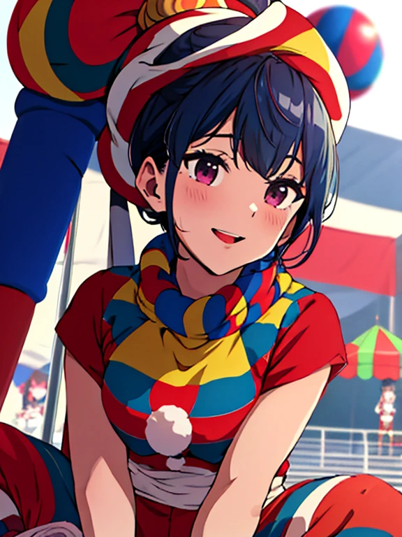  CIRCUS, Ball riding, clown, (Shima Rin), 18 years old, masterpiece:1.2, masterpiece, highest quality, UHD, retina, masterpiece, ccurate, anatomically correct, textured skin, super detail, high details, high quality, best quality, highres, 8k