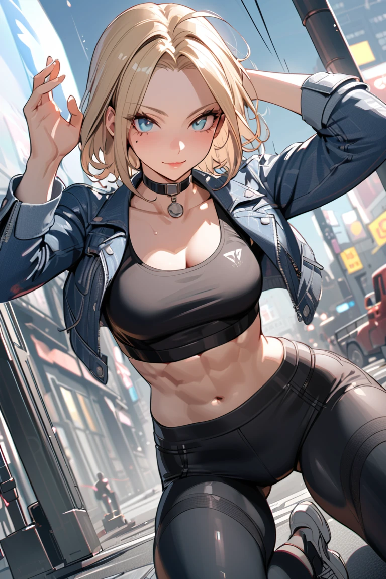 (masterpiece), best quality, expressive eyes, perfect face, highres, Alone, (1girl, (cammy white:1.4), (Cammy:1.4), short hair, blue eyes, blonde hair, navel, medium breasts, jacket, open clothes, choker, midriff, pants, open jacket, lips, crop top, black choker, scar, abs, antenna hair, blue jacket, scar on face, forehead, cropped jacket, toned, sports bra, nose, tight, tight pants, yoga pants, black sports bra, denim jacket, (Street Fighter)),  Girls Who Struggle With Viewers, (Kick your viewers:1.5), (slight smiles:1.3), looking at the viewer, (dynamic action pose:1.6), (dynamic angle:1.4), (motion lines:1.5), Dynamic, shock wave, London City, high detail background, 