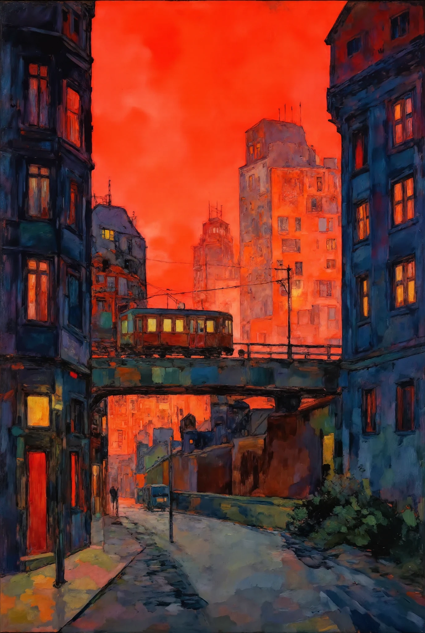 Pierre Bonnard Style - pierre bonnard painting, (low angle view:1.2),a train over a bridge, city sunset shadows and light,tall buildings , red sky, poster art, brutalism Oil Painting in the style of Pierre Bonnard
