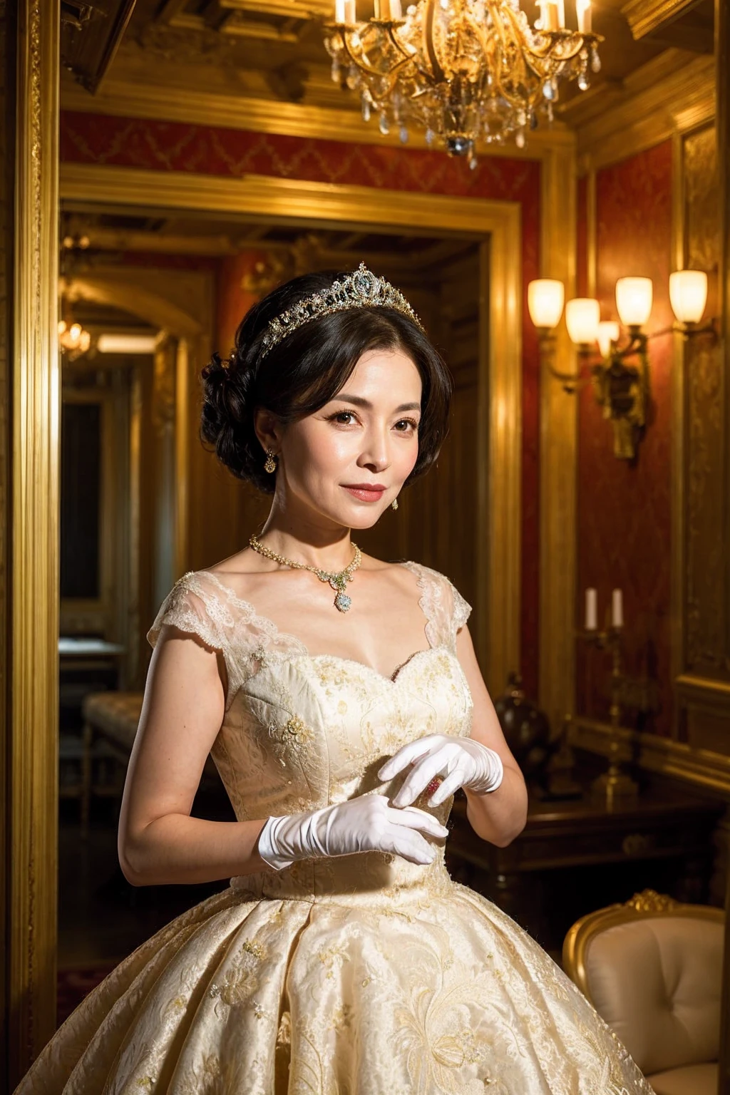 ((Masterpiece)), ((Best Quality)), A middle-aged short-hair woman, ((She is wearing an ornamental wedding dress)), She is in a gorgeous house, she is wearing a necklace, She is wearing white gloves on her hands,  black eyes, 