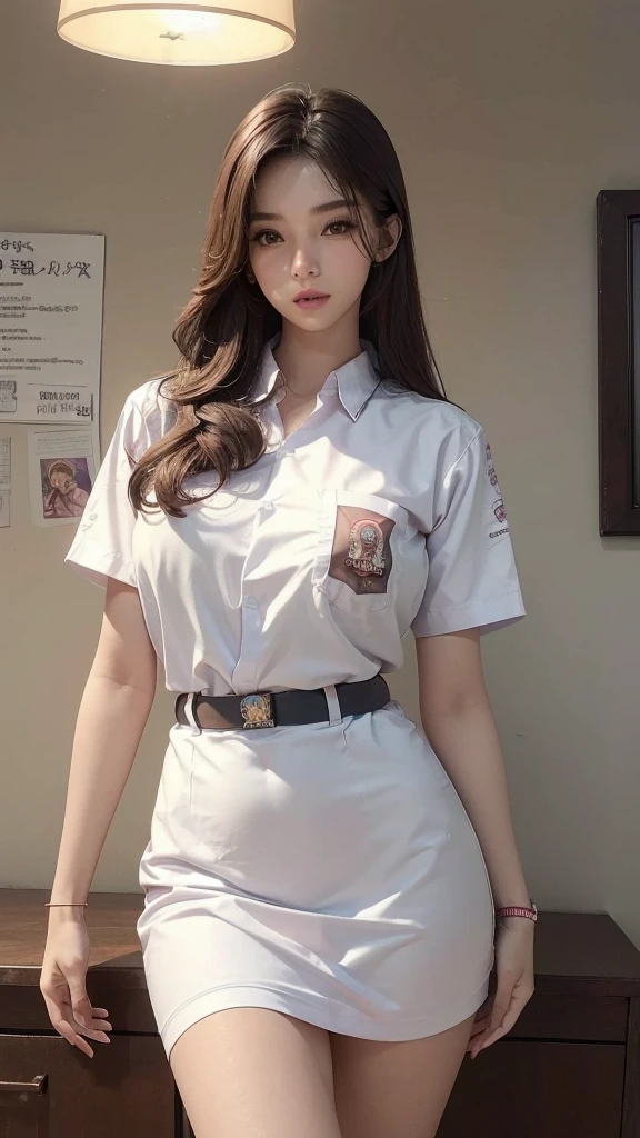 (8ก, best quality, Masterpiece, very high:1.2) Photo of a beautiful Thai woman, Beautiful and charming with contemporary fashion paintings. , (1 girl), (white short sleeve shirt), ((black pencil skirt)), belt , Realistic skin texture , round chin, Art lens 85mm, F 1. 2, Sharp focus, High resolution 8K, Crazy details, complicated, elegant, big breasts , black skirt , twin tail hair , white shoes