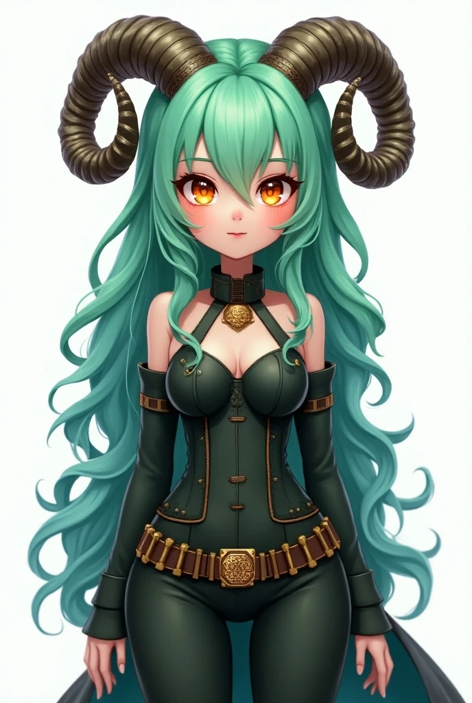 ((live 2D))  masterpiece, 1girl, full body, stands straight, steampunk clothes, erotic clothing, looking at viewer, detailed face, girl with green wavy hair, bangs, metal sheep horns, gradient hair, multicolored hair, light green hair, turquoise hair tips, wavy hair, gradient eyes, orange eyes, (simple background, white background: 1.3)