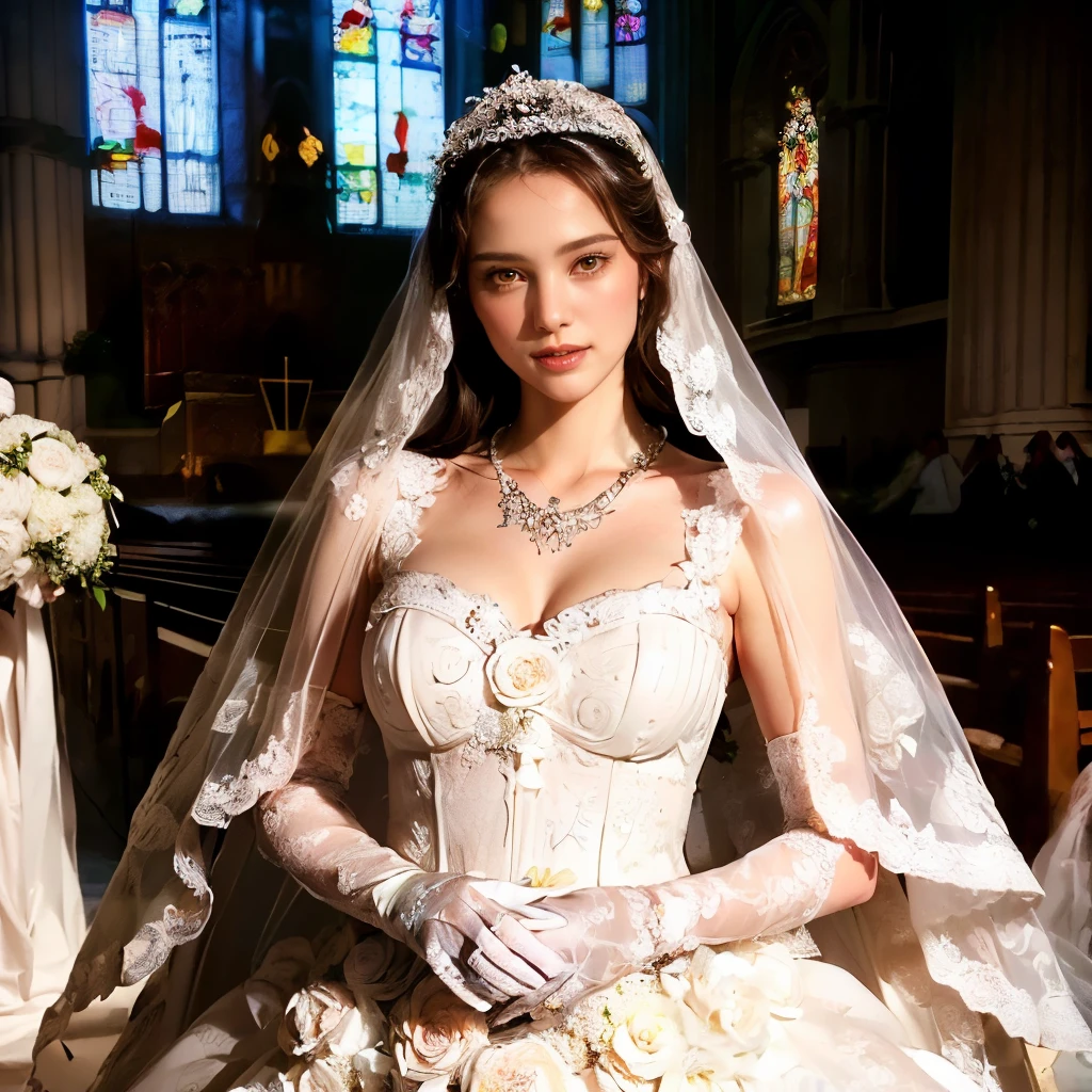 (masterpiece,    best quality , Super detailed,    absurd:1.4), Realistic, Super detailedな目, (A bride standing in a church cathedral:1.4),  (A gentle smile:1.4)、 white skin,  Dark brown hair, (Cute face:1.3),(floral wedding dress:1.5)、(Focus on the bride's tiara 、White gloves、necklace、 Wedding Veil :1.6)、  face , ( cowboy shot:1.4)、(See the viewers:1.4)