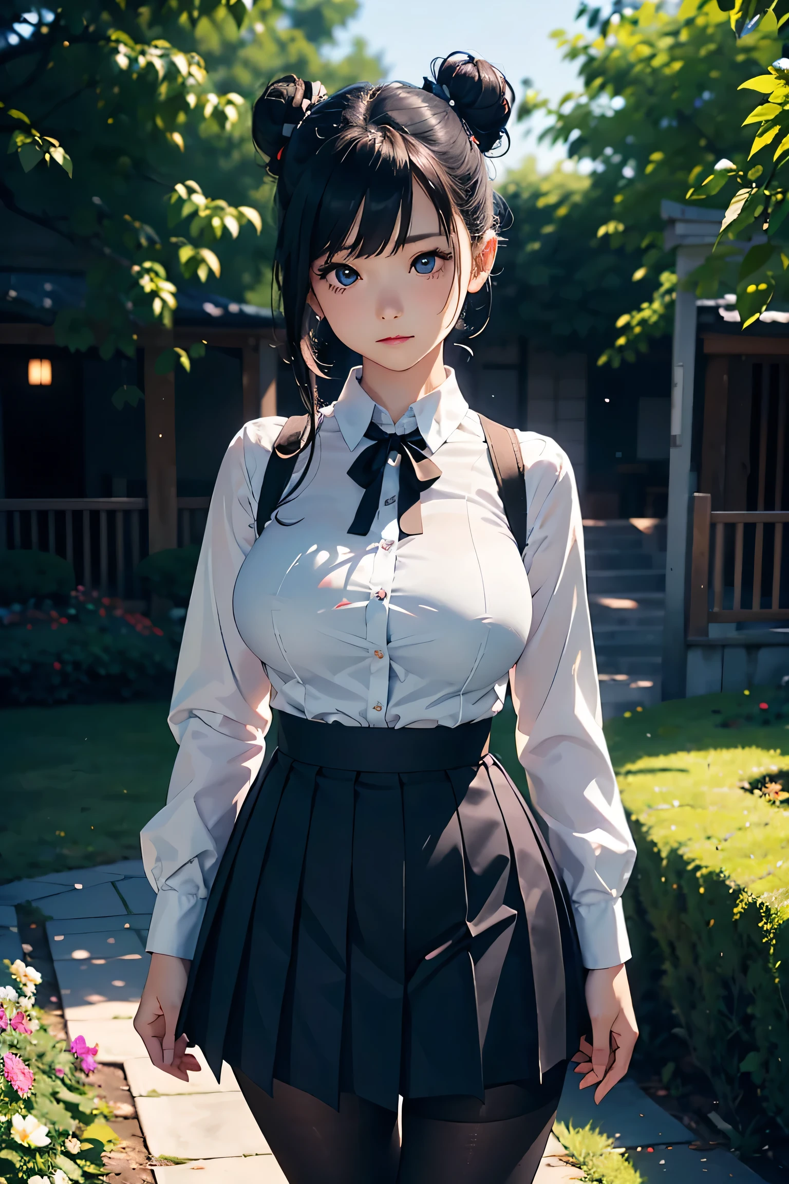 Adult women、(masterpiece:1.4)、(in 8K、realisitic、Raw photo、top-quality:1.4)、(Real Face:1.4)、(real looking skin:1.3)、超A high resolution、A hyper-realistic、Brown eyes、full bodyesbian、high detailing、cute face、耳环、Black hair long hair、White collared shirt、Large black ribbon、pleatedskirt、(huge-breasted:1.5)、Blushing、a smile、flower field、flower bouquet