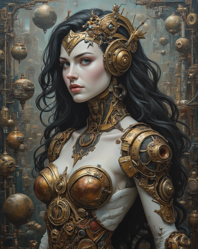 Cyberpunk Clockwork Automaton of Wonder Woman, porcelain face, porcelain skin, clockwork gear mechanism, realistic oil on canvas painting with strong influence of Don Lawrence style