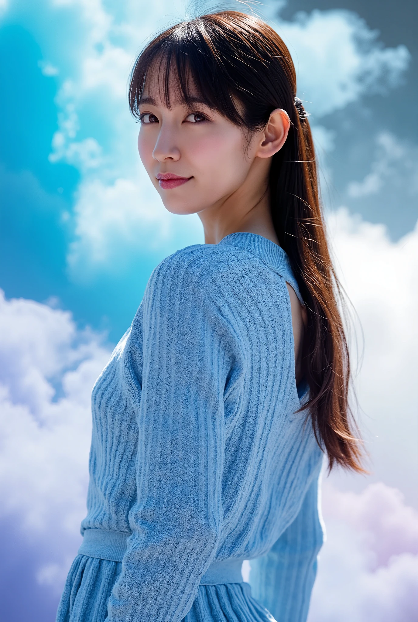 A hyper-realistic photo of a slender East-Asian woman with bangs and long, flowing brown hair, standing against a vivid and smiling ,the colorful mist-filled background. Her light-blue sweater dress, with its finely detailed knit texture and perfectly cinched waist, exudes a sense of both elegance and comfort. The level of detail in the fabric, from the subtle wrinkles to the light reflecting off its soft surface, creates a hyper-realistic effect that makes the scene feel incredibly lifelike. Her hair, captured in perfect motion, appears almost tangible, as if every strand was meticulously detailed.

The background is a striking mix of bright blue and white mist and colourful Points, with swirling patterns that seem almost three-dimensional. The mist appears to flow and shift around her, with a vibrant clarity that contrasts against the soft lighting. The colors are both vivid and soft, blending seamlessly into the dreamlike atmosphere, yet retaining a level of realism that makes the entire scene feel as though it could be touched. Her facial expression, with delicate skin tones and the natural glow of her complexion, is rendered in such fine detail that it feels as if she is standing right in front of you.

This hyper-realistic scene combines the vividness of a dream with the tangible textures of reality, bringing the woman and the misty background to life in a visually captivating way.