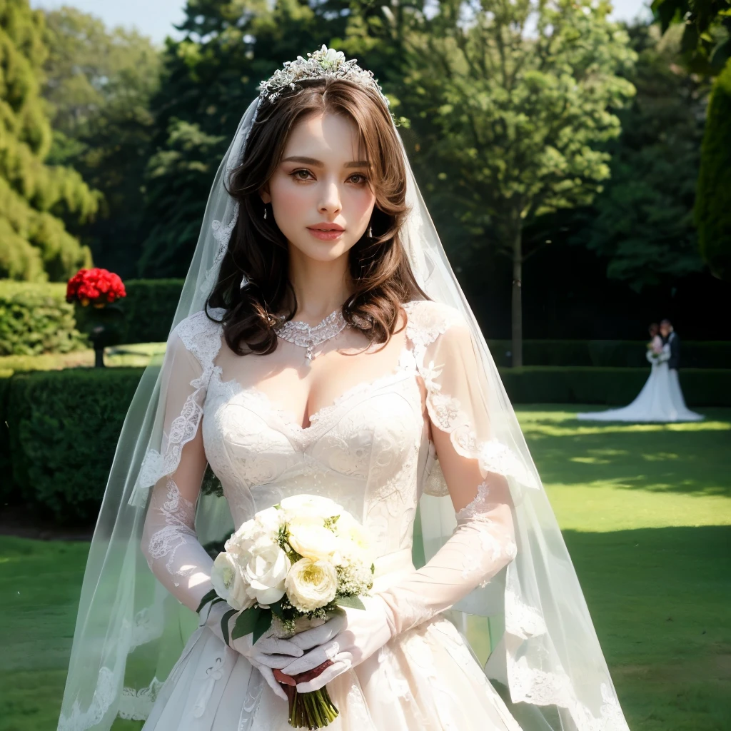 (masterpiece,    best quality , Super detailed,    absurd:1.4), Realistic, Super detailedな目, ( A Bride Standing in a Beautiful Park:1.4), (Green grass、Rose flower bed:1.4)、(Soft Spring Sunlight :1.4)、 (A gentle smile:1.4)、 white skin,  Dark brown hair, (Cute face:1.3),(floral wedding dress:1.5)、(Focus on the bride's tiara 、White gloves、necklace、 Wedding Veil :1.6)、  face , ( cowboy shot:1.4)、(See the viewers:1.4)