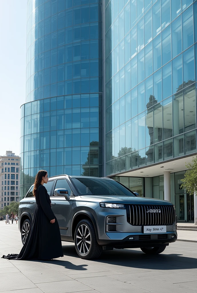 a photo-realistic of a sleek, modern JAECOOJ7 SUV parked in front of a huge building made of glass and an Arab-looking young woman standing beside the car in a fashion way wearing a black abaya