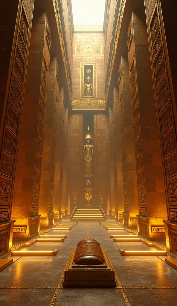 a highly detailed interior of the great pyramid of giza, ornate pharaonic architecture, intricate hieroglyphics and reliefs covering the walls, grand granite sarcophagus in the king's chamber, mysterious dimly lit passageways, masterful engineering and design, rich egyptian cultural heritage, dramatic lighting and atmosphere, photorealistic 8k, hyper detailed, gleaming gold metallic structure, shimmering black gemstones, unique futuristic style, ancient egyptian gods in an advanced civilization 1000 years in the futureObra maestra, Premiado muchas veces, Detalles altos, Muy detallado, UHD, Renderizado 3D, 8k octanos, Artístico, C4D, Cinematografía, Película, Hiperdetallado, Hiperrealismo, Renacimiento, Unreal Engine, 