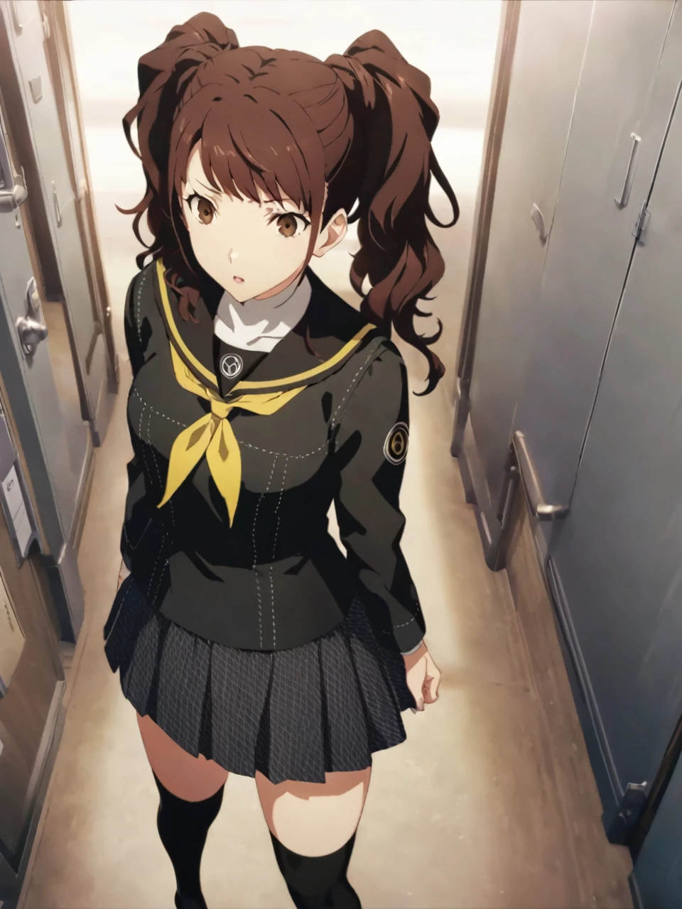 dsrise, brown hair, long hair, twintails, brown eyes, yasogami school uniform, serafuku, black thighhighs, 1girl, solo
BREAK
standing, school hallway, cinematic, game cg, anime screencap, official art, masterpiece, best quality
