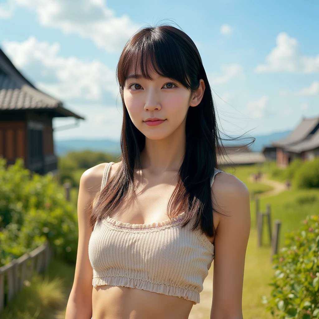 A hyper-realistic photograph of a young East-Asian woman with straight hair and front bangs, standing outdoors on a sunny day. Her long, dark hair flows naturally in the breeze, with the straight strands gently catching the sunlight, highlighting the sleek texture of her hair. She wears a sleeveless, light-colored crop top with delicate lace details peeking out, and matching high-waisted pants that accentuate her slim figure. The fabric of her outfit reflects the soft sunlight, casting gentle shadows that enhance the realistic folds and textures. Her large, expressive eyes, framed by her bangs, draw the viewer in, while her smooth skin glows in the warm light, giving her a captivating presence.

In the background, the scene opens up to a traditional rural setting. Wooden structures with classic, sloping rooftops can be seen, reminiscent of an idyllic countryside. Behind her, lush greenery fills the area with vibrant plants, and nearby, a fence lines a grassy field that stretches out into the distance. The vivid blue sky is scattered with fluffy white clouds, and a few distant figures can be seen enjoying the peaceful day. Sunlight filters through the leaves of nearby bushes, casting intricate patterns of light and shadow onto her and the surrounding plants.

The overall atmosphere is one of serenity and tranquility, with the combination of the natural landscape and the woman’s poised stance creating a harmonious balance. The fine details, from the leaves gently swaying in the wind to the subtle reflections in her eyes, make the scene feel lifelike and immersive, capturing the beauty of both the woman and the rural setting with incredible clarity and depth.