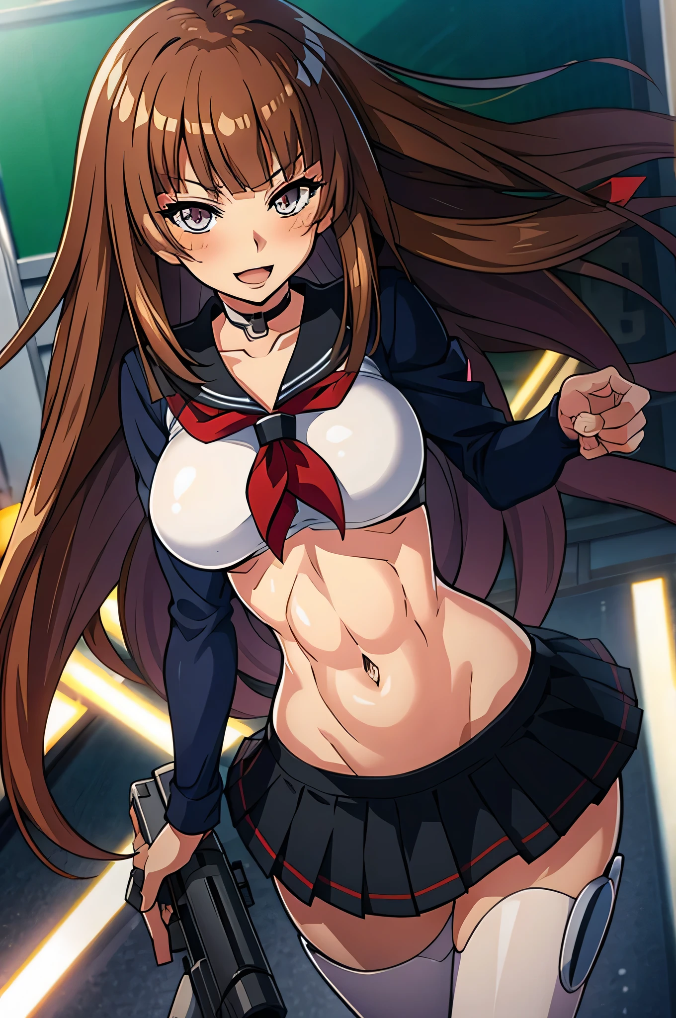 1woman, Kokawa_Asuka, brown_hair, blunt_bangs, medium breasts, blush, lipstick, masterpiece, best quality, highly detailed, a anime girls in sailor uniforms with a gun posing for a picture,
evil smile, smile, open mouth,black_serafuku, ecchi anime style, anime girls , (nsfw) not safe for work,
ecchi style, ecchi, shipgirls, digital anime art!!, high school girls, holding a gun, hold a gun, anime style 4
k, micro skirt, exposed belly, exposed navel, exposed midriff,
exposed lower belly,school, classroom, navel piercing