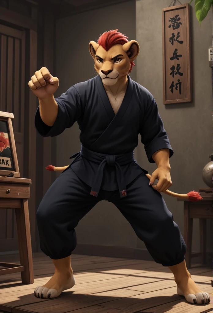 (((Barefoot furry character, full body, cinematic setting, furry boy, anthro lion, plantigrade))), (((anime))). beefy, muscular (((Kion))), (((younger Kion wearing black karate kimono))), focused, determined, perform powerful karate punch with his hand, ((nice detailed feet paws with claws))), (((four toes))), short red hair, red tip of a tail, (((correct anatomy))) (((smashes a wooden sign that says "200 followers"))), punches wooden plaque with the inscription "200 followers", hand strike BREAK, intricate details, highly detailed, extreme detail, octane render, fine art, best quality, highres, (detailed face:1.5), ((full_body)), UHD, (((perfect hands))), ((low light:1.5))