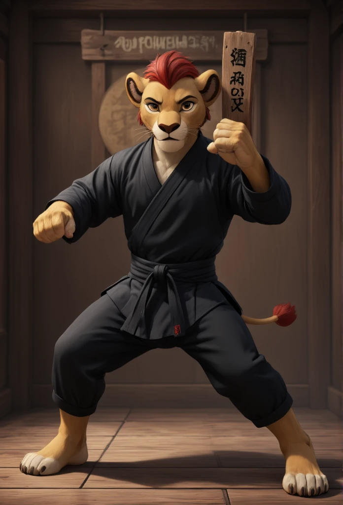 (((Barefoot furry character, full body, cinematic setting, furry boy, anthro lion, plantigrade))), (((anime))). beefy, muscular (((Kion))), (((younger Kion wearing black karate kimono))), focused, determined, perform powerful karate punch with his hand, ((nice detailed feet paws with claws))), (((four toes))), short red hair, red tip of a tail, (((correct anatomy))) (((smashes a wooden sign that says "200 followers"))), punches wooden plaque with the inscription "200 followers", hand strike BREAK, intricate details, highly detailed, extreme detail, octane render, fine art, best quality, highres, (detailed face:1.5), ((full_body)), UHD, (((perfect hands))), ((low light:1.5))