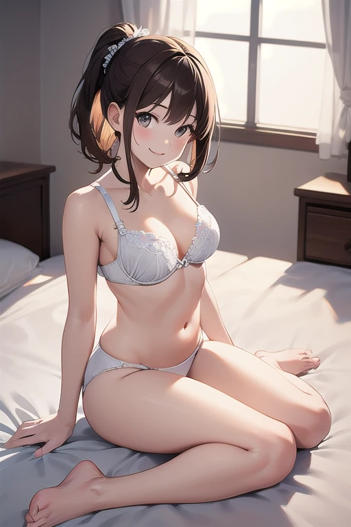 masterpiece、     best quality  , beautiful、    1 girl、   sit on the bed 、    white bra  、  Panties with white horizontal straps、Brown Hair、 Half Up Hair、 smile、 Full Body Portrait  、Beautiful bedroom、