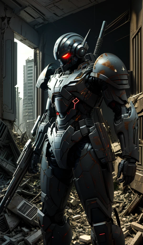 , automaton, military, heavy armor, , light armor, helmet, soldier, communist, solo, simple ,on board weapons , two eyes, circular eyes, tubing, dark, sword, minigun on shoulder, , black armor, tubing, helmet tubing, , , ((Background tokyo in ruins alien bodies lying in the rubble of the building))
