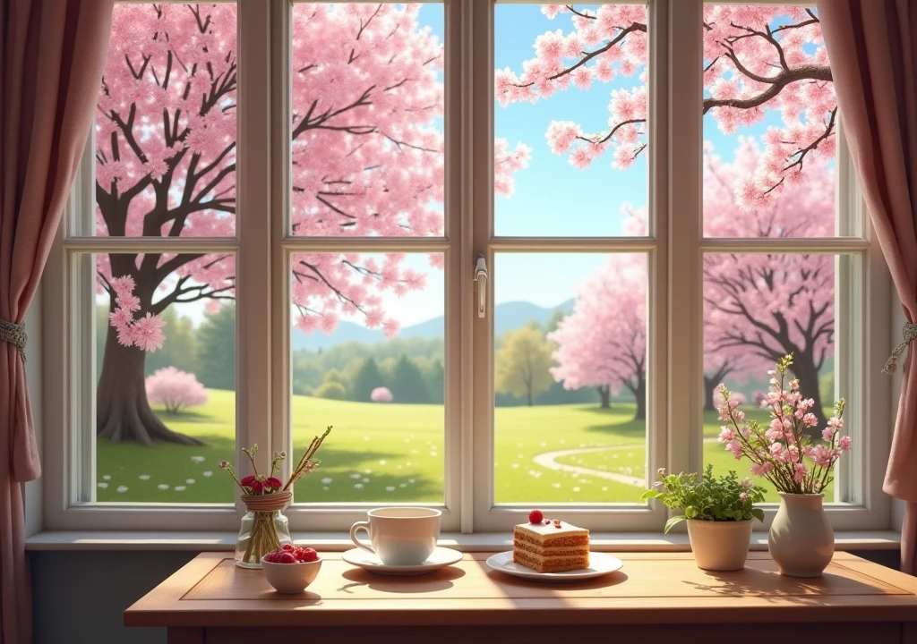 Spring Day Out Window A large bay window in a countryside house during springtime, with ...