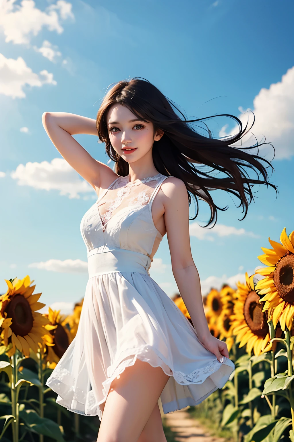   Flowers and blue sky、Autumn sky and beautiful sunflowers、Landscape photo of a vast sunflower field、（View of the sky and wilderness from below）、Girl looking up at the blue sky、Draw a big picture of the sky、Tabletop、highest quality、perfect pretty smile face, Perfect Face, Five Fingers, Two Arms,