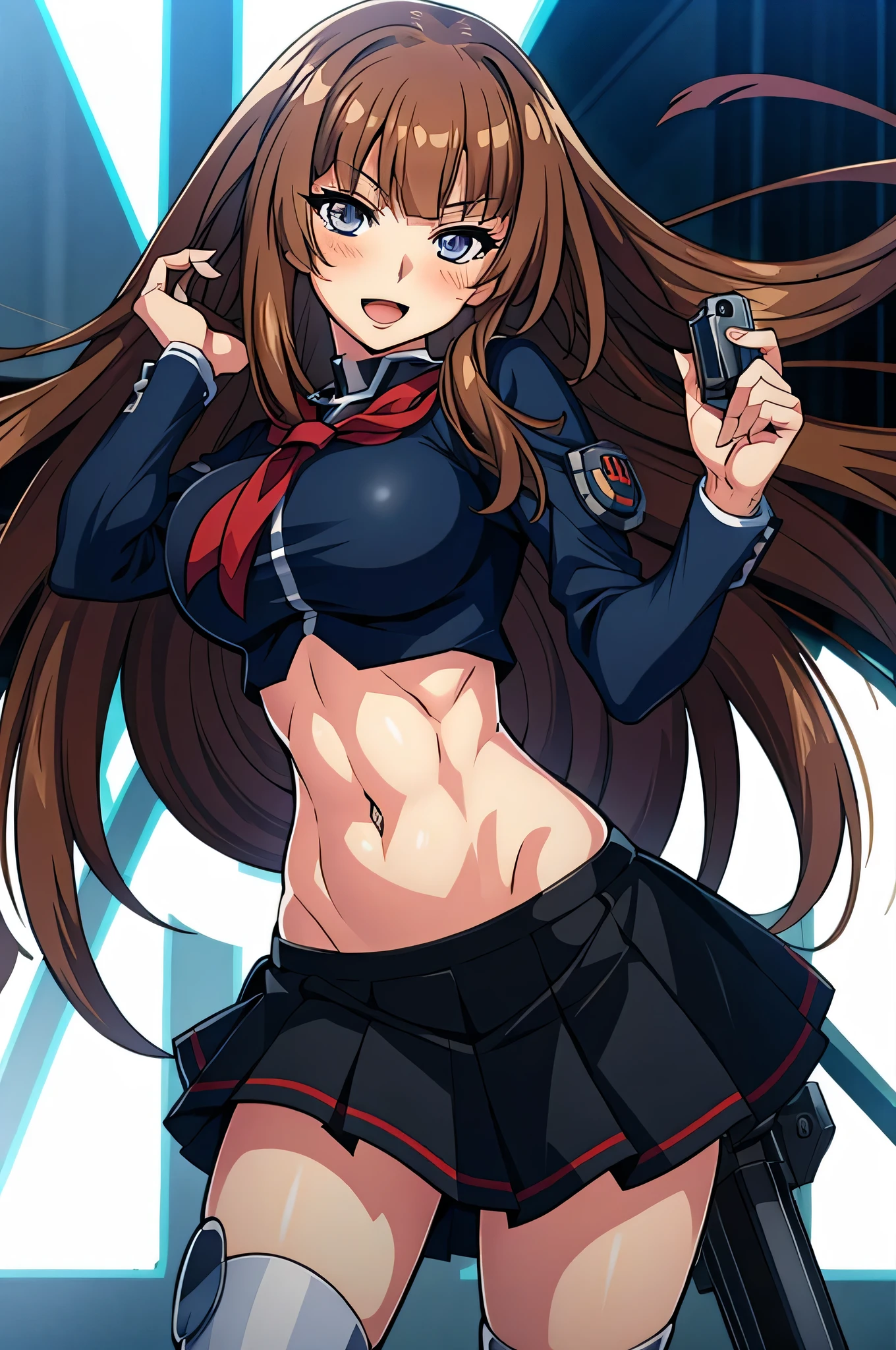 1woman, Kokawa_Asuka, brown_hair, blunt_bangs, medium breasts, blush, lipstick, masterpiece, best quality, highly detailed, a anime girls in sailor uniforms with a gun posing for a picture,
evil smile, smile, open mouth,black_serafuku, ecchi anime style, anime girls , (nsfw) not safe for work,
ecchi style, ecchi, shipgirls, digital anime art!!, high school girls, holding a gun, hold a gun, anime style 4
k, micro skirt, exposed belly, exposed navel, exposed midriff,
exposed lower belly,school, classroom, navel piercing