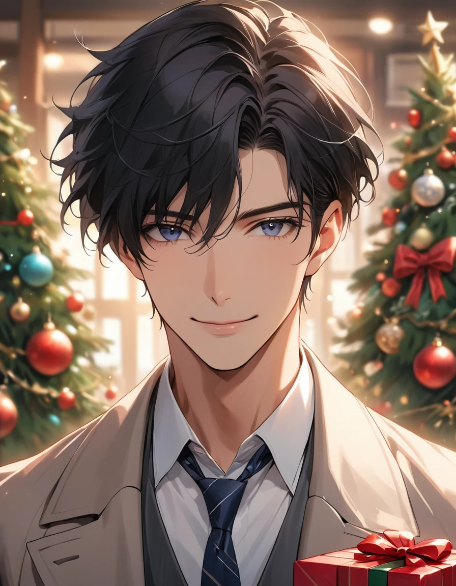 (masterpiece), ( best quality ), ( detailed in detail), (8k resolution), ( best quality ),male、１８歳のmale一人、Heavy coat、suit、 (Black Hair:1.7)、(Short Hair:1.7)、 slender、 smiling、 perfect face、Perfect body、 attention to detail、 upper body、 Christmas present、 has a present、