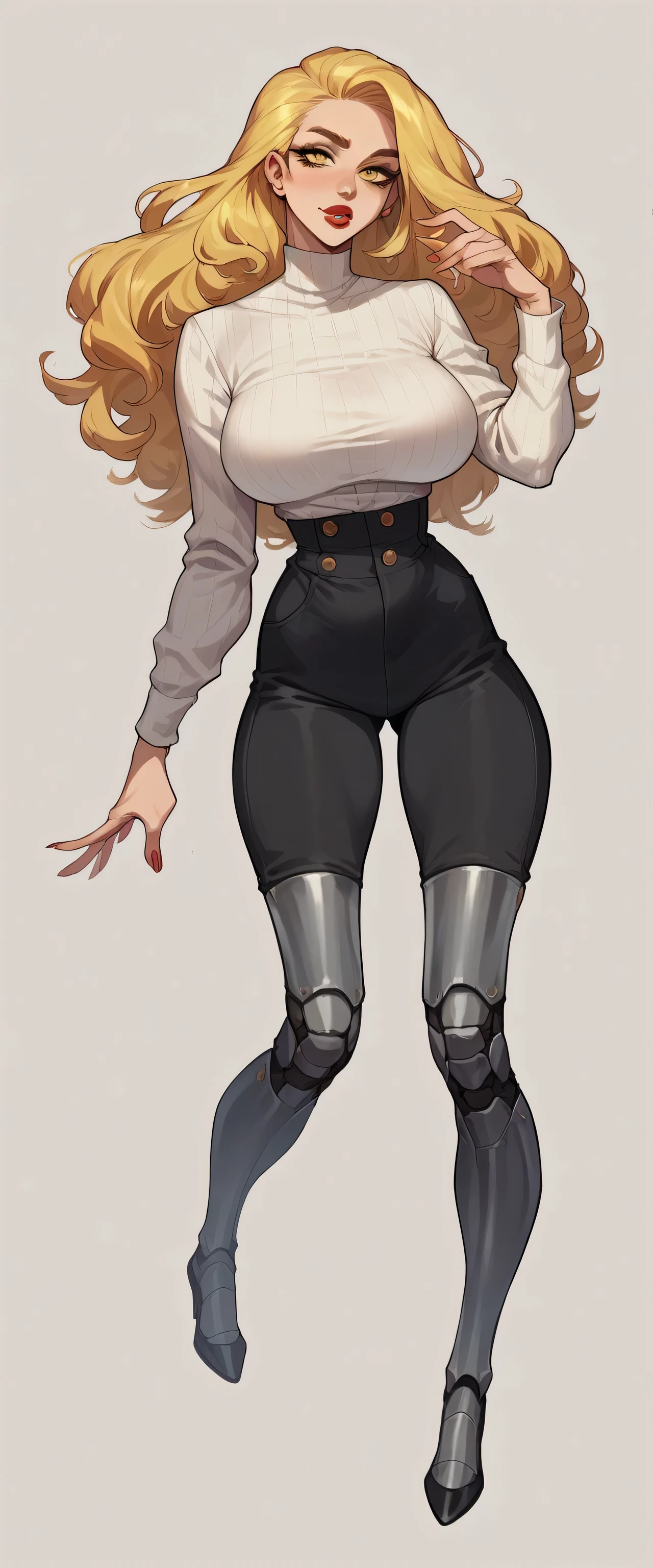 A sexy Russian girl big breasted beautiful beautiful long yellow hair wavy smooth her yellow eyes bright red lips wears a wide curved white fleece blouse and a pair of black metallic socks fleece gray snow boot