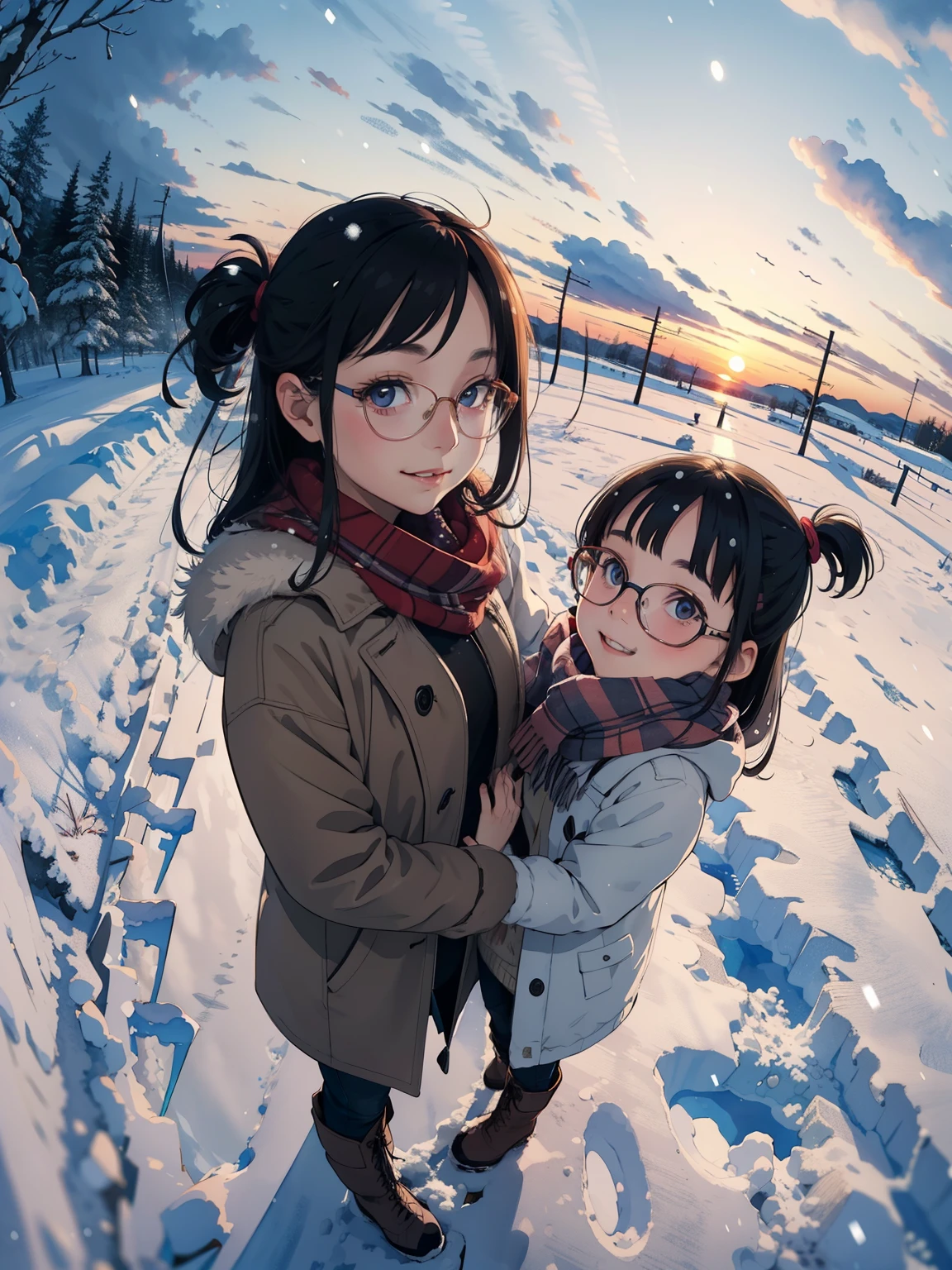 masterpiece， best quality ，  High image quality  ，(Superflat,   flat shading )，Fisheye Lens，Beautiful petite trained young mother and very cute trained daughter:1.25，  warm scarf， (naked)，Long Hair, Glasses，boots, smile, smile, White Breath，fun, play, winter, snow, 新snow，dusk，Beautiful sunset，Wide angle, Vibrant colors, watercolor, Ghibli style，Strong winds，Girl&#39;s Temptation，