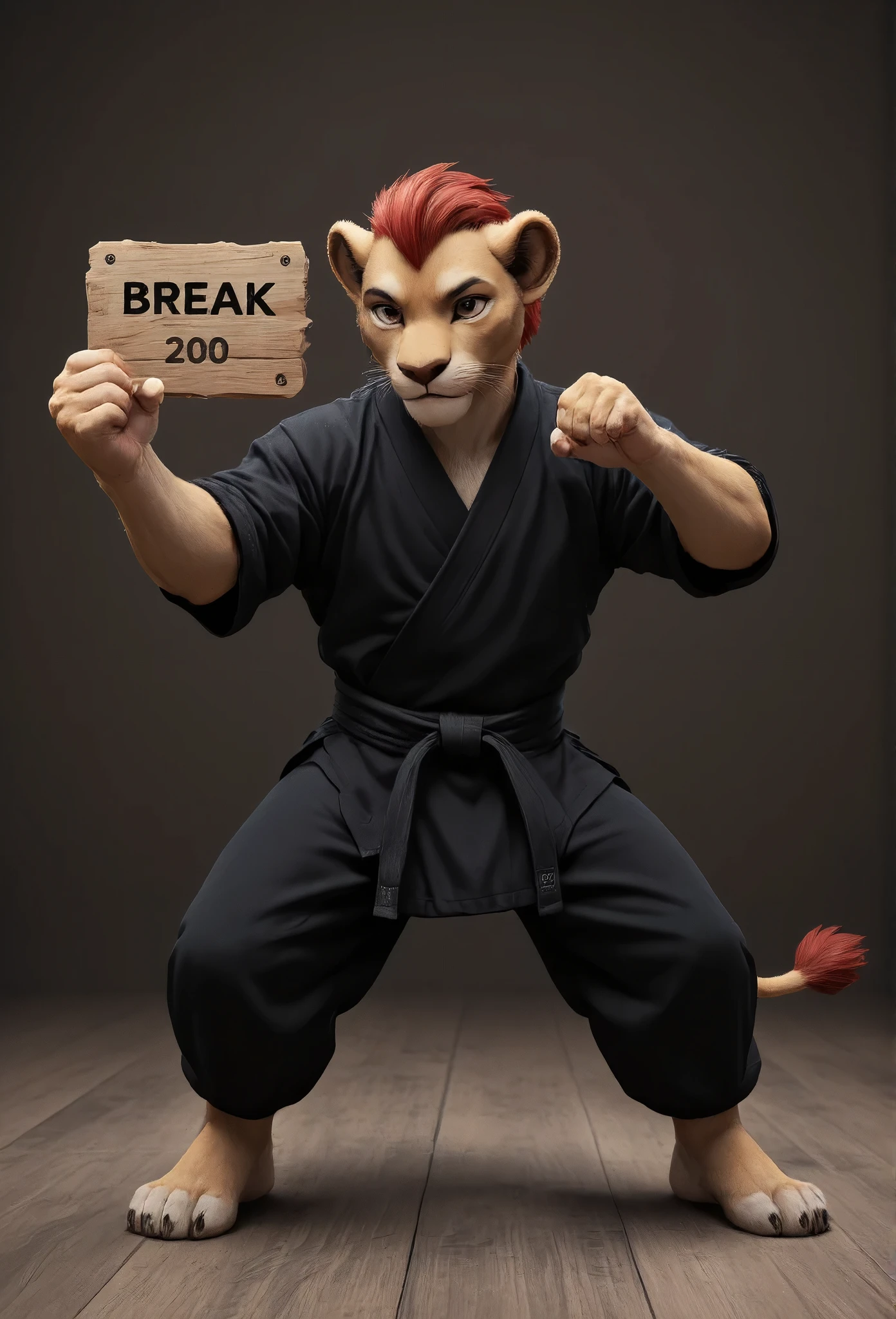 (((Barefoot furry character, full body, cinematic setting, furry boy, anthro lion, plantigrade))), (((anime))). beefy, muscular (((Kion))), (((younger Kion wearing black karate kimono))), focused, determined, perform powerful karate punch with his hand, ((nice detailed feet paws with claws))), (((four toes))), short red hair, red tip of a tail, (((correct anatomy))) (((smashes a wooden sign that says "200 followers"))), punches wooden plaque with the inscription "200 followers", hand strike BREAK, intricate details, highly detailed, extreme detail, octane render, fine art, best quality, highres, (detailed face:1.5), ((full_body)), UHD, (((perfect hands))), ((low light:1.5))