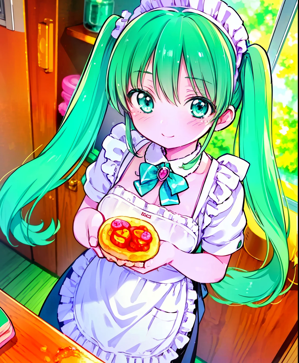 (masterpiece、Best Quality、Best Quality、Official Art、Beautiful and beautiful:1.2)、(One person:1.3) Hatsune Miku、 twin tails,Beautiful breasts,kitchen、Cooking,Beautiful breasts,Cute Apron、Adorable young girl , Delicate animated illustration ,  WATCH VIEWERS , Soft and smooth lighting,  soft pastel colors, 120mm lens