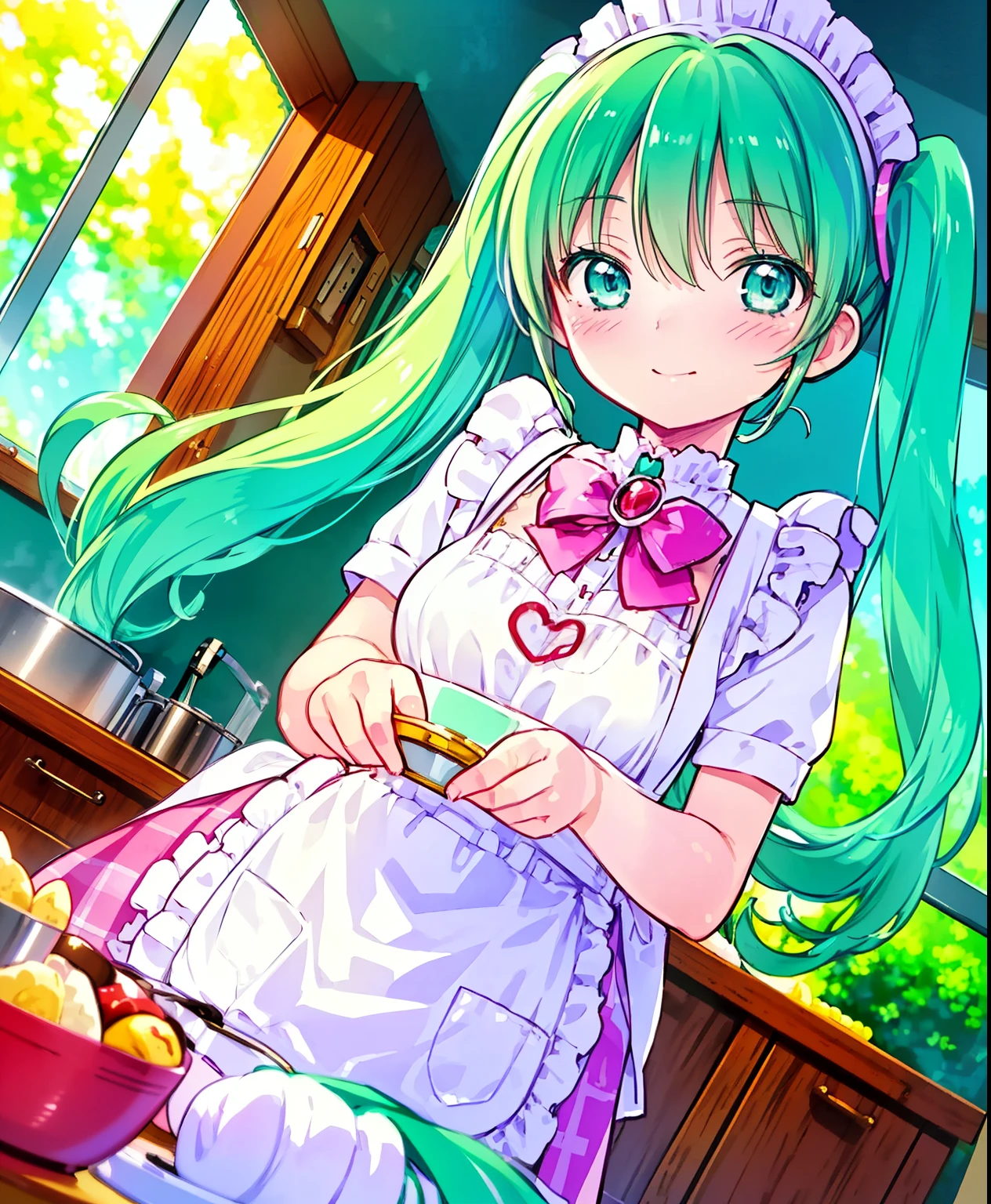 (masterpiece、Best Quality、Best Quality、Official Art、Beautiful and beautiful:1.2)、(One person:1.3) Hatsune Miku、 twin tails,Beautiful breasts,kitchen、Cooking,Beautiful breasts,Cute Apron、Adorable young girl , Delicate animated illustration ,  WATCH VIEWERS , Soft and smooth lighting,  soft pastel colors, 120mm lens