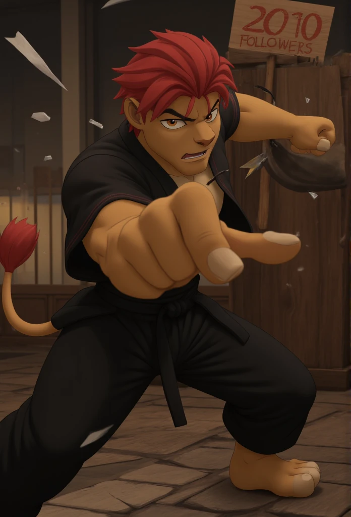 (((Barefoot furry character, full body, cinematic setting, furry boy, anthro lion, plantigrade))), (((anime))). beefy, muscular (((Kion))), (((younger Kion wearing black karate kimono))), focused, determined, perform powerful karate punch with his hand, ((nice detailed feet paws with claws))), (((four toes))), short red hair, red tip of a tail, (((correct anatomy))) (((smashes a wooden sign that says "200 followers"))), (((punches wooden plaque with the inscription "200 followers"))), hand strike. ((("200 followers" wooden sign))) BREAK, intricate details, highly detailed, extreme detail, octane render, fine art, best quality, highres, (detailed face:1.5), ((full_body)), UHD, (((perfect hands))), ((low light:1.5))