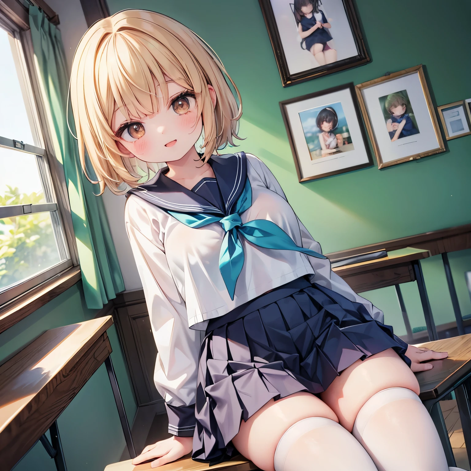 (masterpiece、Best Quality)、 Kampala、Detailed face:1.2、anime(1.2)、Sharpness、4K、 dynamic angle、 cowboy shot、Beautiful perfect posture、One girl、 pleated skirt 、 white lace panties 、Absolute territory、 super mini skirt 、 pleated skirt 、 black thigh high stockings、 white skin、Looking up、cute、Big Breasts、tits、Looking up、 brown eyes 、Innocent Eyes、smile、 opens her mouth、In the middle of the classroom、Sailor suit、