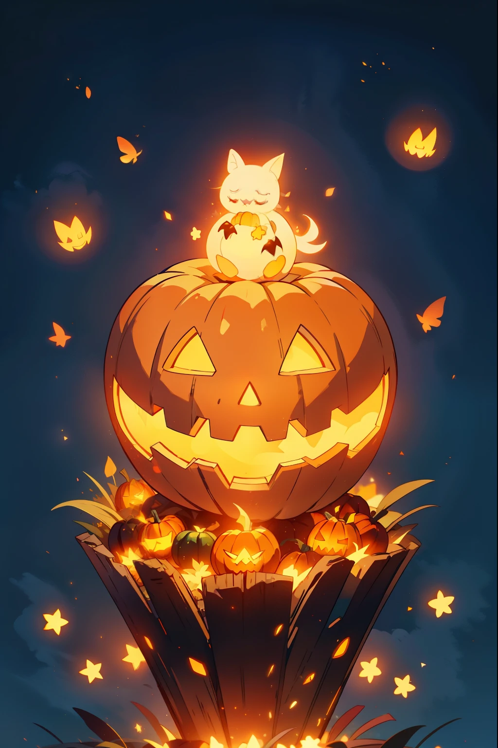 A scary , But lovely ghost , sitting on a pile of corn caramels and carrying a pumpkin head, , surrounded by glowing fireflies