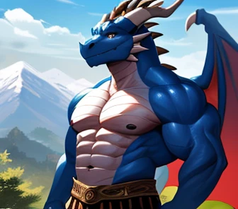 (( The best quality )), (( masterpiece )), ( Ultra detailed), perfect face,( male antro dragon ):2.5, male , ((( western dragon))):2.5, (strong body, muscular and stocky),(( royal blue body )), (white belly), (( Abdominals , strong muscles, Pack of 8)), furry, elegant, Beautiful and delicate eyes , exquisite eyes,( Ultra detailed eyes, (dorado):0.1 eyes , Sharp eyes), Evening, Detailed scene,cuerpo completo, (artist: fantasma nulo, traver009 , lindong, Daeni pine), (cuerpo completo),  wearing a random pattern necklace , claws, ((spongy fur, spongy, furry body)), majestic,pink nipples, ( A pair of dragon antlers ),  bare upper body , great guy , muscular male, ( wearing a black kimono  (open)), animated, great guy , huge body, elegant,animated,(great physique), ( A pair of dragon wings ),outside, day, mountain, mountains in the distance, Arcane magic,  sweat a little ,  ornate fabric skirt ;  Arabic-style Palace Of him with a beautiful garden, (a kEvening general),  a sword placed around the waist 