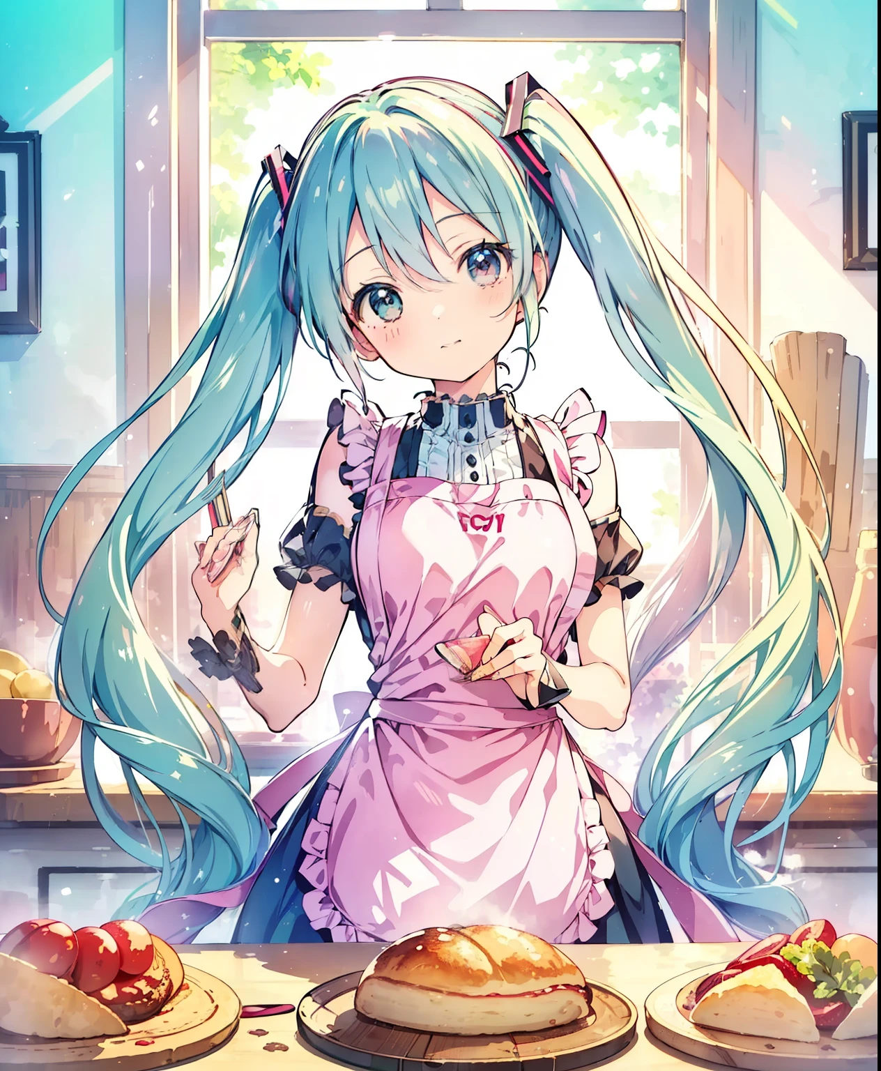 (masterpiece、Best Quality、Best Quality、Official Art、Beautiful and beautiful:1.2)、(One person:1.3) Hatsune Miku、 twin tails,Beautiful breasts,kitchen、Cooking,Beautiful breasts,Cute Apron、Adorable young girl , Delicate animated illustration , WATCH VIEWERS , Soft and smooth lighting, soft pastel colors, 120mm lens