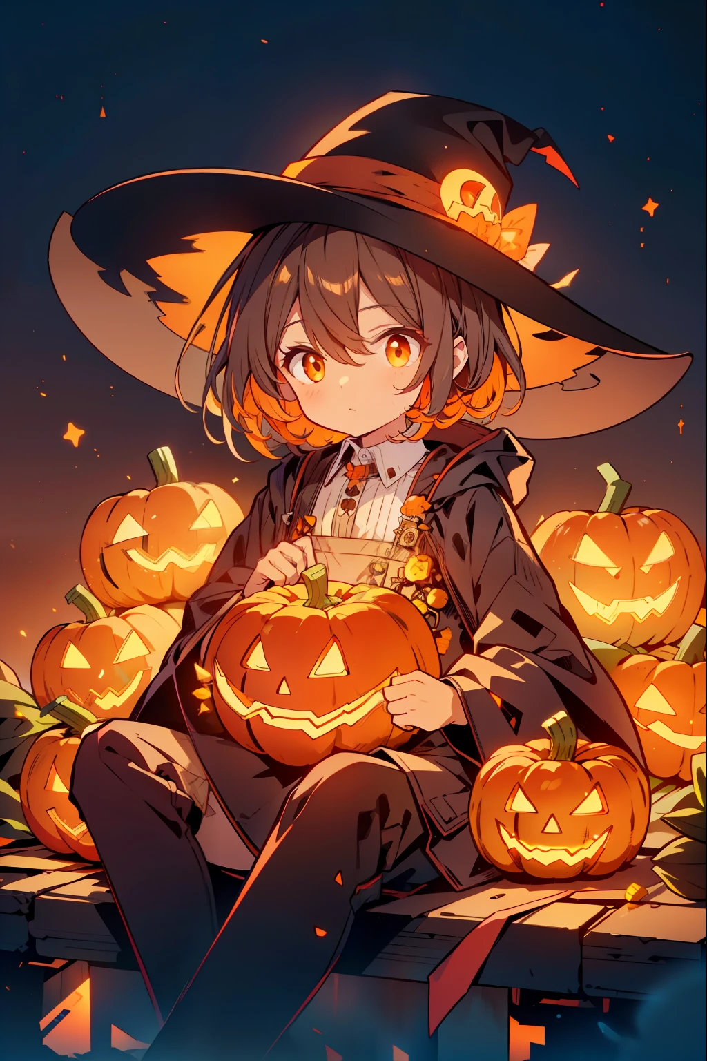 A creepy , But charming scarecrow, sitting on a heap of corn candy , surrounded by glowing jack-o-lanterns