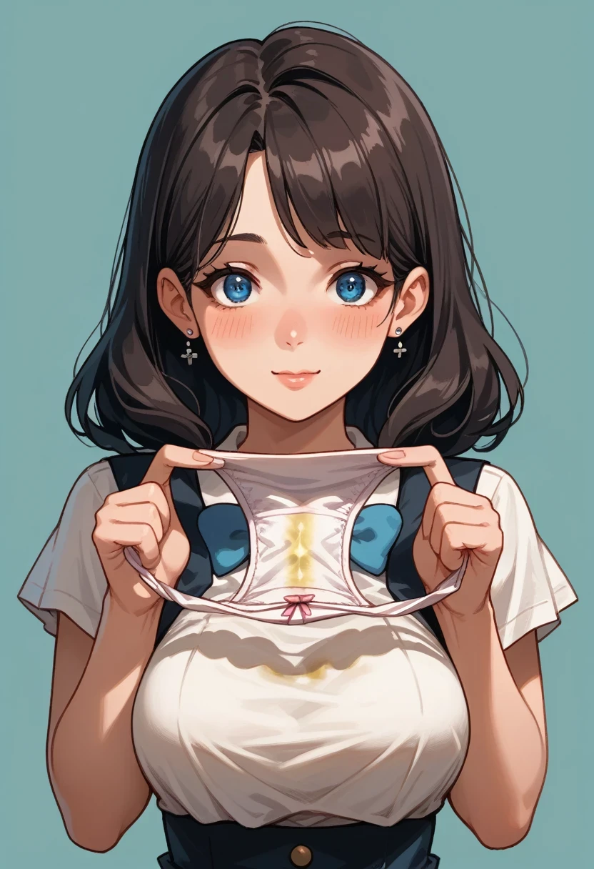 score_9, score_8_up, score_7_up,source_anime, high res image,masterpiece,best quality,(woman,big breasts:1),cute face,clear skin,shiny hair,ultra detailed eyes,simple background    holding panties, unworn panties,pee stain