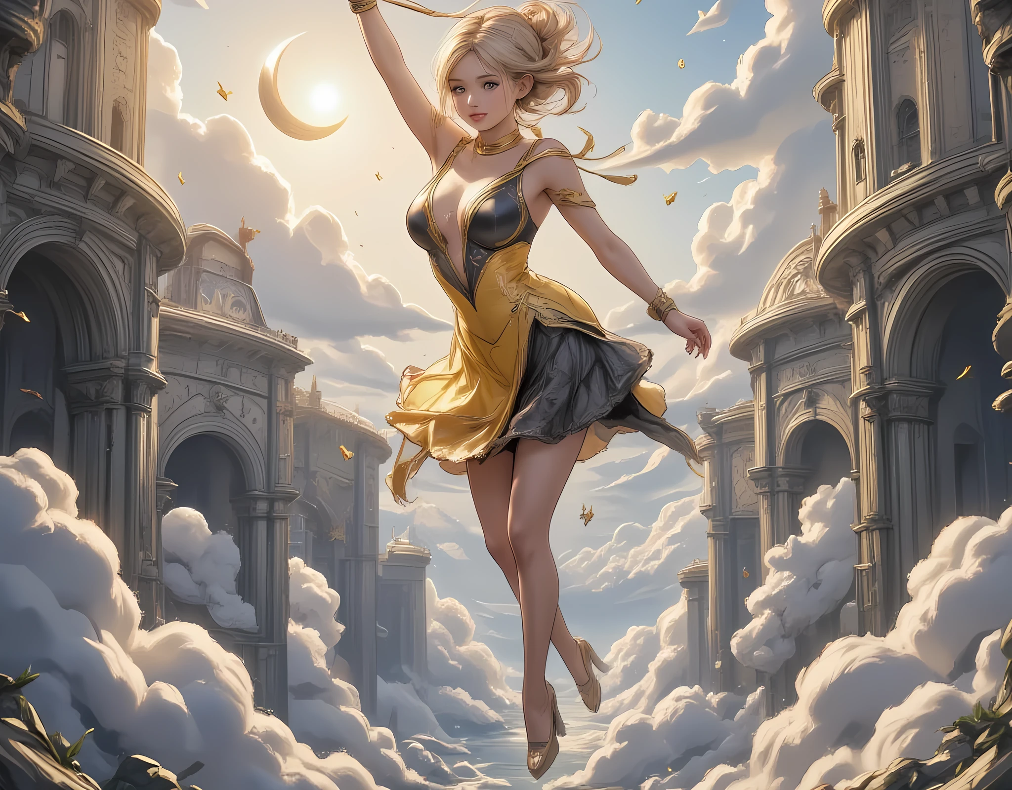 a female trapeze performer in a circus show among the clouds, it, there are moon and stars,, flying in mid air, extraordinary beautiful woman, ((anatomically correct: 1.5)) blond hair in a bun, beautiful woman, full body shot, wearing yellow and black leotard, wearing high heels, reaching the trapeze in mid air, Wide Angle, retina, UHD, best quality, 16k, highres, high details, best details, hyp3rd3tail style