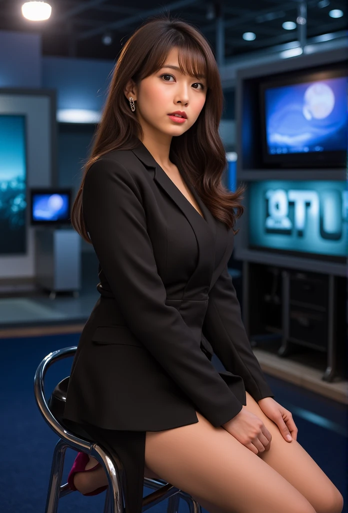 a stunningly lifelike image captures a daring moment of a professional news anchor, elegantly attired in a tailored blazer, casually perched on a contemporary chrome stool. She leans in with an air of confidence, her legs subtly parted in a manner that suggests unintentional yet alluring exposure. The fabric of her blazer falls away, revealing a glimpse of the sensual mystery beneath. The studio lighting casts a soft glow on her skin, while the high-definition resolution captures every nuance of the scene with breathtaking clarity. Her eyes, filled with a mischievous spark, connect with the viewer as if sharing a secret, inviting them into a thrilling narrative of unanticipated intimacy within a typically formal setting.