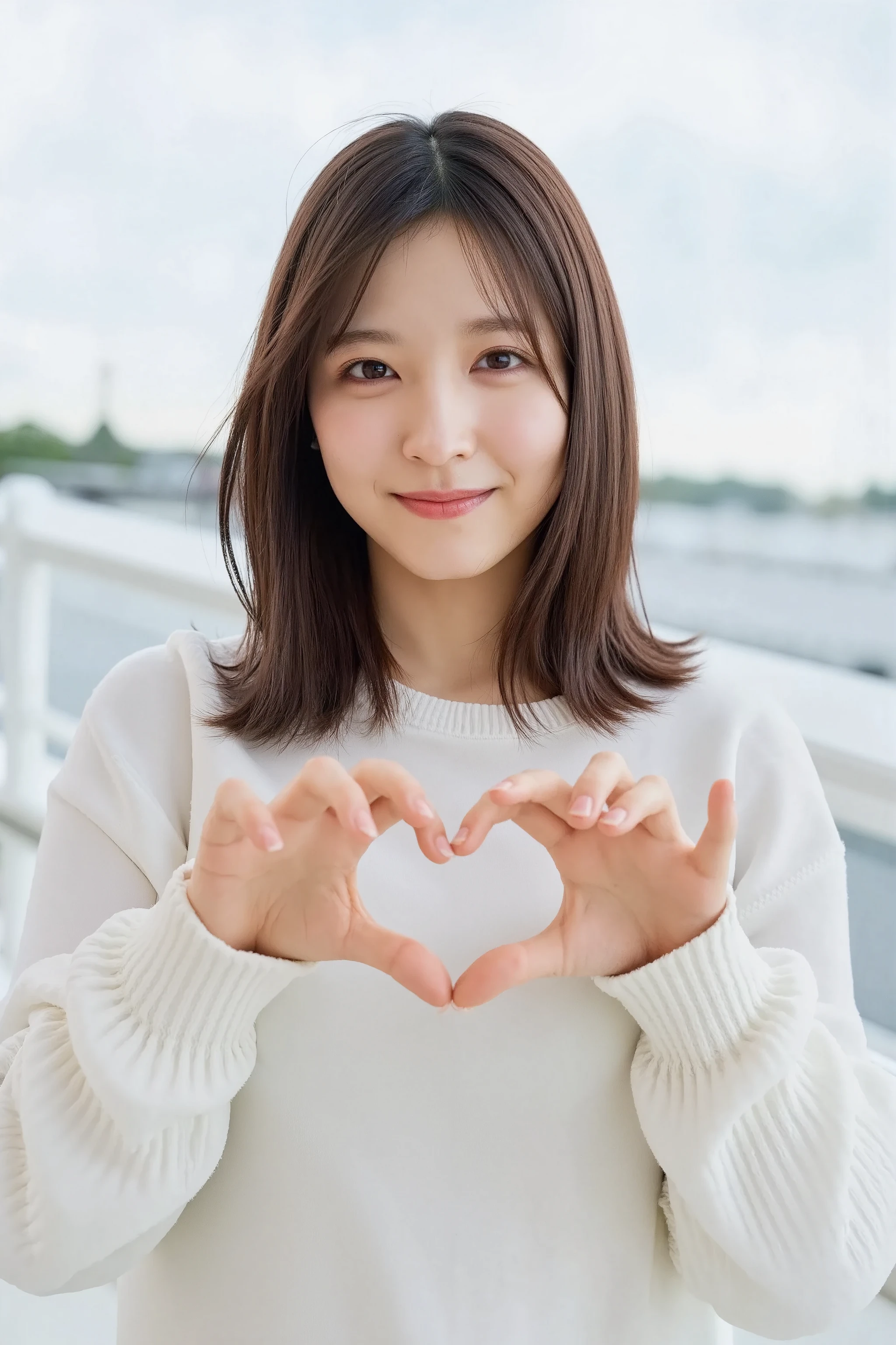     (( The background is a bright blue sky with a soft blur effect {x} staring at the camera with a slightly shy expression {x} posing with both hands making a firm big heart shape and holding it in front of her chest)), Smile、Tilt your face slightly to the right、 (Ultra Precise Human Body Structure   ,   best quality 、RAW Photos、8k、32K、masterpiece、Realistic、Realistic:1.37)、Cute Japanese women images、Thin fabric camisole、Photographed in natural light、   upper body、  1 girl、Photo Mapping、   physically-based rendering   、Excellent image quality、  Kampala 、1080P、(Beautiful Face)、(Detailed description of the face)、((Detailed CG)、Rich details、(Detailed eyes)、 Delicate clavicle、非常にリアルで詳細な若い女性   upper bodyポートレート、Beautiful skin、  Soft light is reflected in the high part of the cheek 、   small pores and hair follicles  、   even the smallest blood vessels are visible、The skin is smooth、Natural flushing of the cheeks、Healthy glow、  The eyes are large and clear blue、  The iris has fine patterning、  with light reflecting and shining in the eyes 、  There is a slight shadow under the eye、  with long, naturally curly lashes 、 her lips are soft pink 、  smooth texture and natural shine 、   The background is a pale monochrome gradient 、The focus is completely on the face 、Realistic shadows and textures、 photographic depiction 
