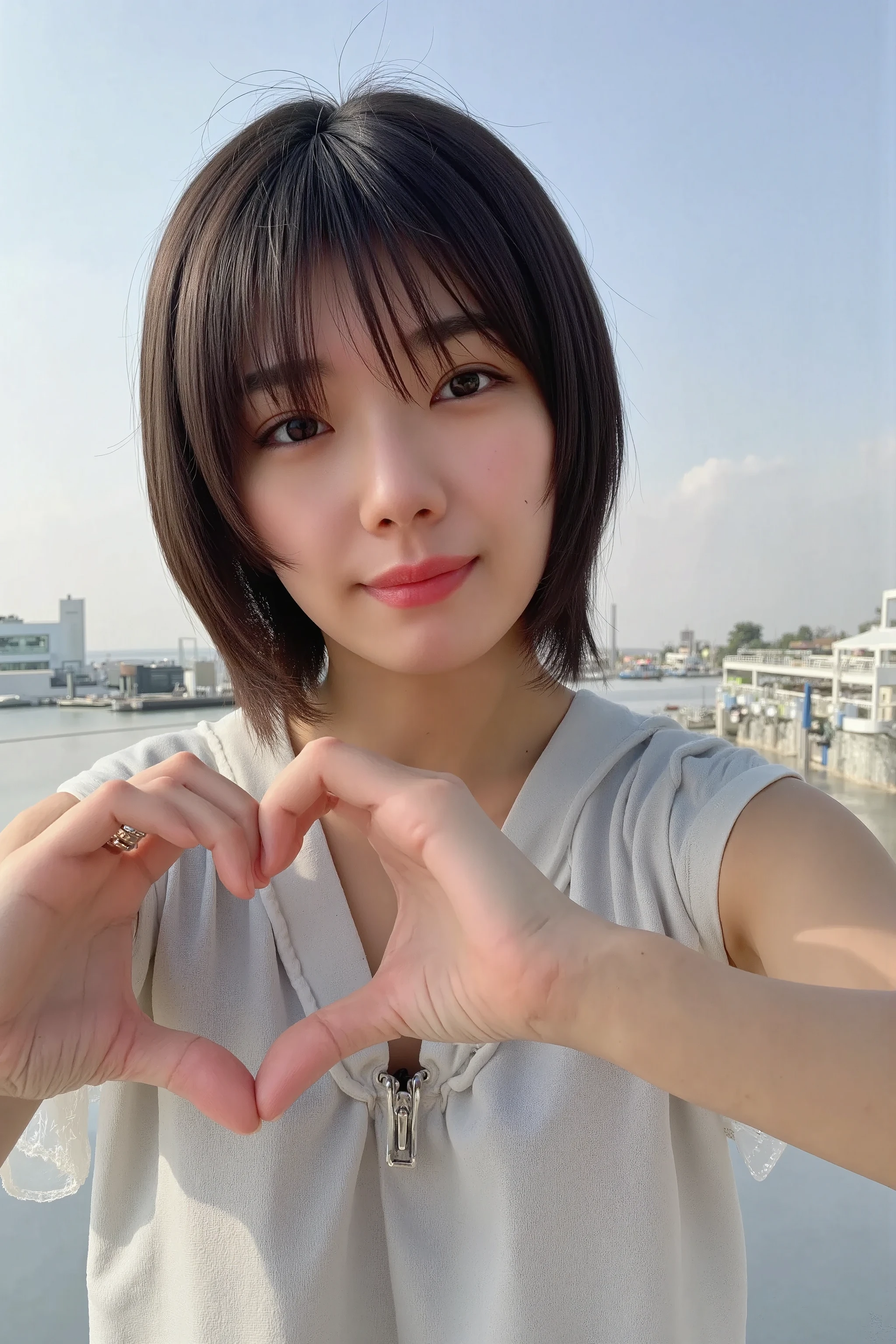     (( The background is a bright blue sky with a soft blur effect {x} staring at the camera with a slightly shy expression {x} posing with both hands making a firm big heart shape and holding it in front of her chest)), Smile、Tilt your face slightly to the right、 (Ultra Precise Human Body Structure   ,   best quality 、RAW Photos、8k、32K、masterpiece、Realistic、Realistic:1.37)、Cute Japanese women images、Thin fabric camisole、Photographed in natural light、   upper body、  1 girl、Photo Mapping、   physically-based rendering   、Excellent image quality、  Kampala 、1080P、(Beautiful Face)、(Detailed description of the face)、((Detailed CG)、Rich details、(Detailed eyes)、 Delicate clavicle、非常にリアルで詳細な若い女性   upper bodyポートレート、Beautiful skin、  Soft light is reflected in the high part of the cheek 、   small pores and hair follicles  、   even the smallest blood vessels are visible、The skin is smooth、Natural flushing of the cheeks、Healthy glow、  The eyes are large and clear blue、  The iris has fine patterning、  with light reflecting and shining in the eyes 、  There is a slight shadow under the eye、  with long, naturally curly lashes 、 her lips are soft pink 、  smooth texture and natural shine 、   The background is a pale monochrome gradient 、The focus is completely on the face 、Realistic shadows and textures、 photographic depiction 
